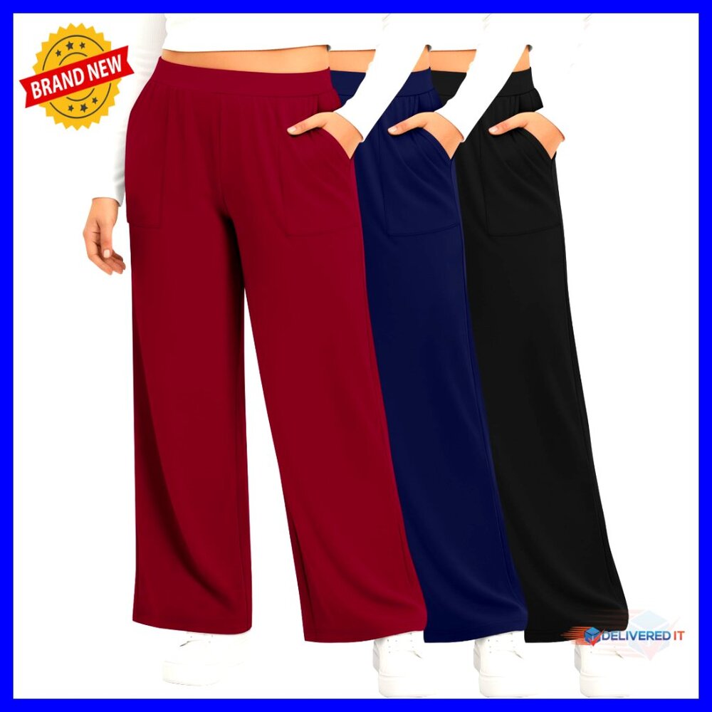 Plus Size Wide Leg Lounge Pants With Pockets, 3 Pack, Yoga Pajama Sweatpants